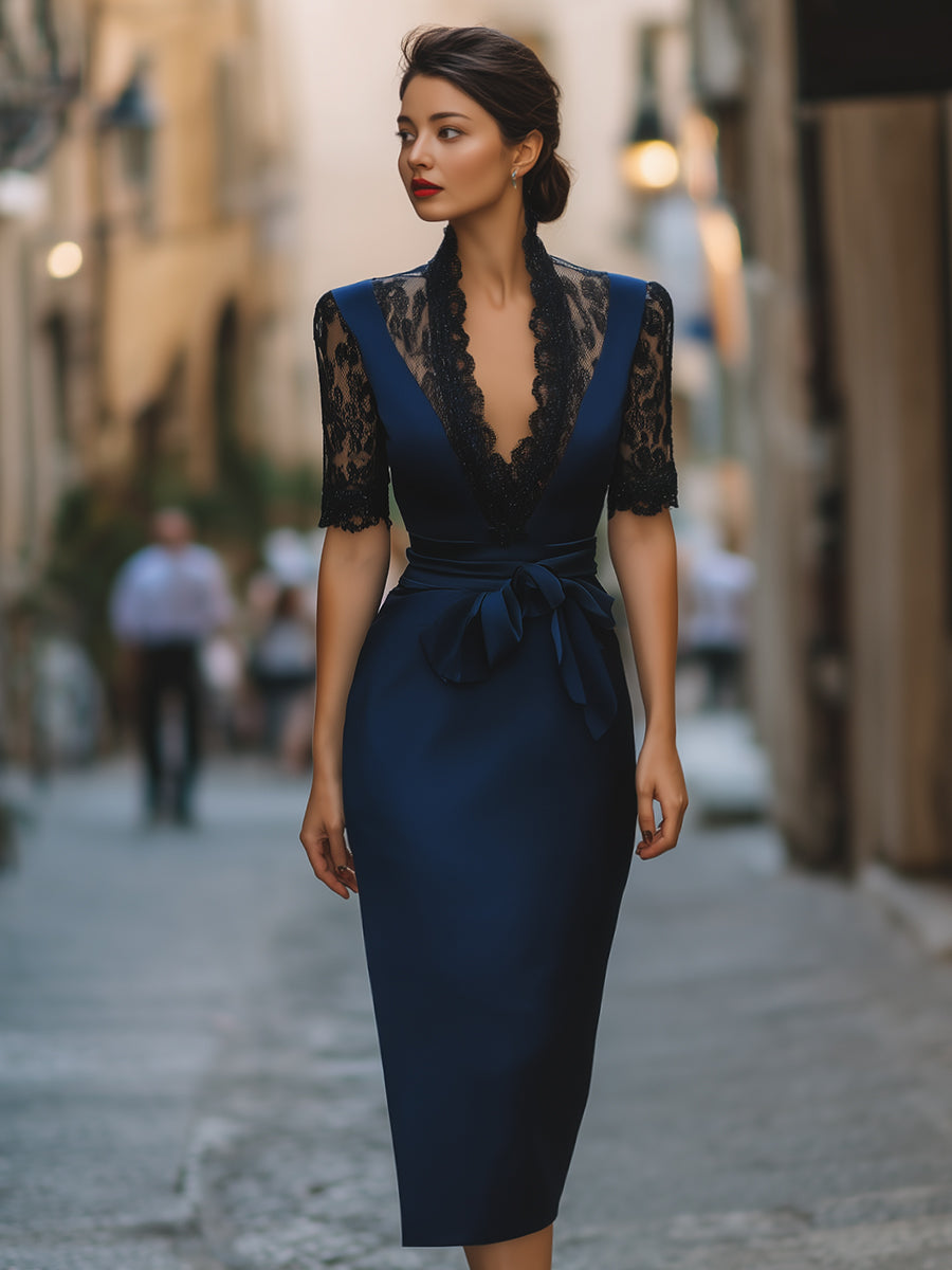 Elegant Lace-Trim V-Neck Belted Midi Dress