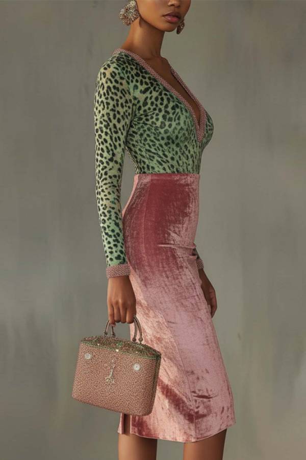 Leopard Print Sheer Panel Gradient Velvet Deep V-Neck Dress