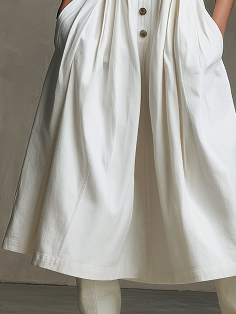 Casual Retro White Denim Sleeveless A-line Midi Dress