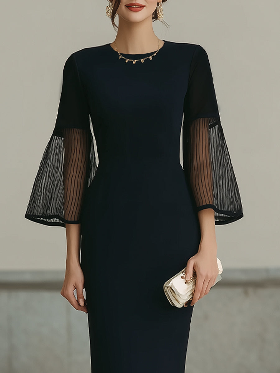 Midi Dress With Sheer Pleated Bell Sleeves