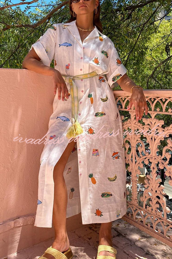 Loretta Cotton Blend Unique Print Fringed Belt Pocketed Shirt Midi Dress