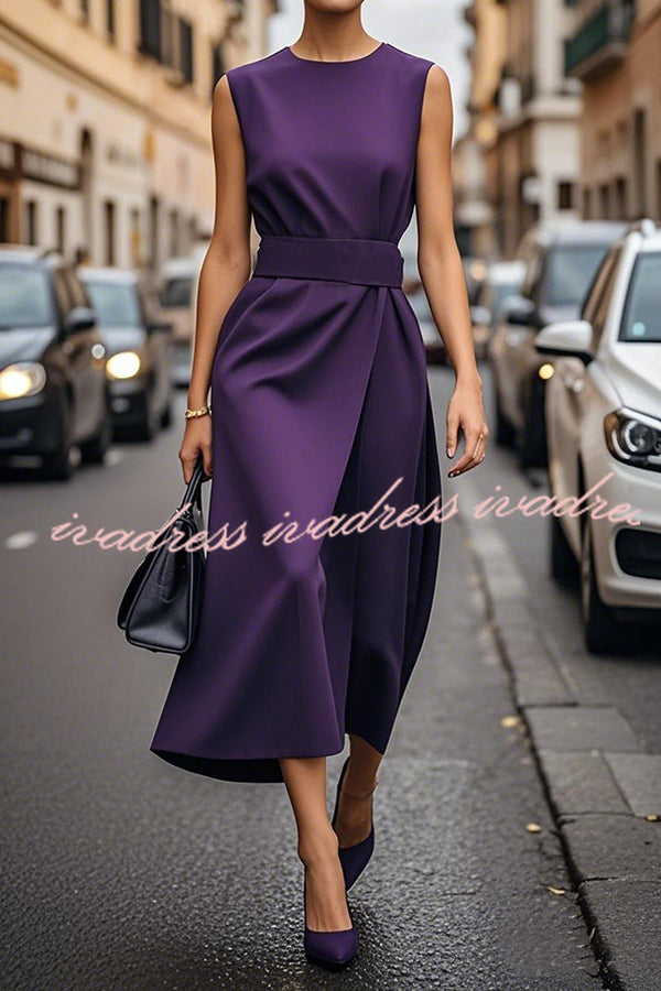 Solid Color Sleeveless Round Neck Casual Midi Dress