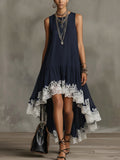 Navy Sleeveless High-Low Dress With White Lace Hem