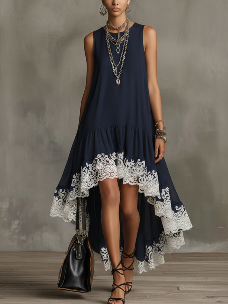 Navy Sleeveless High-Low Dress With White Lace Hem