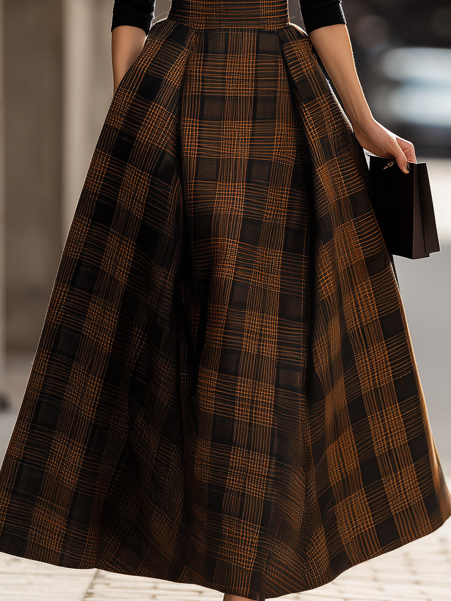 Black Knit & Brown Plaid Voluminous Midi Dress
