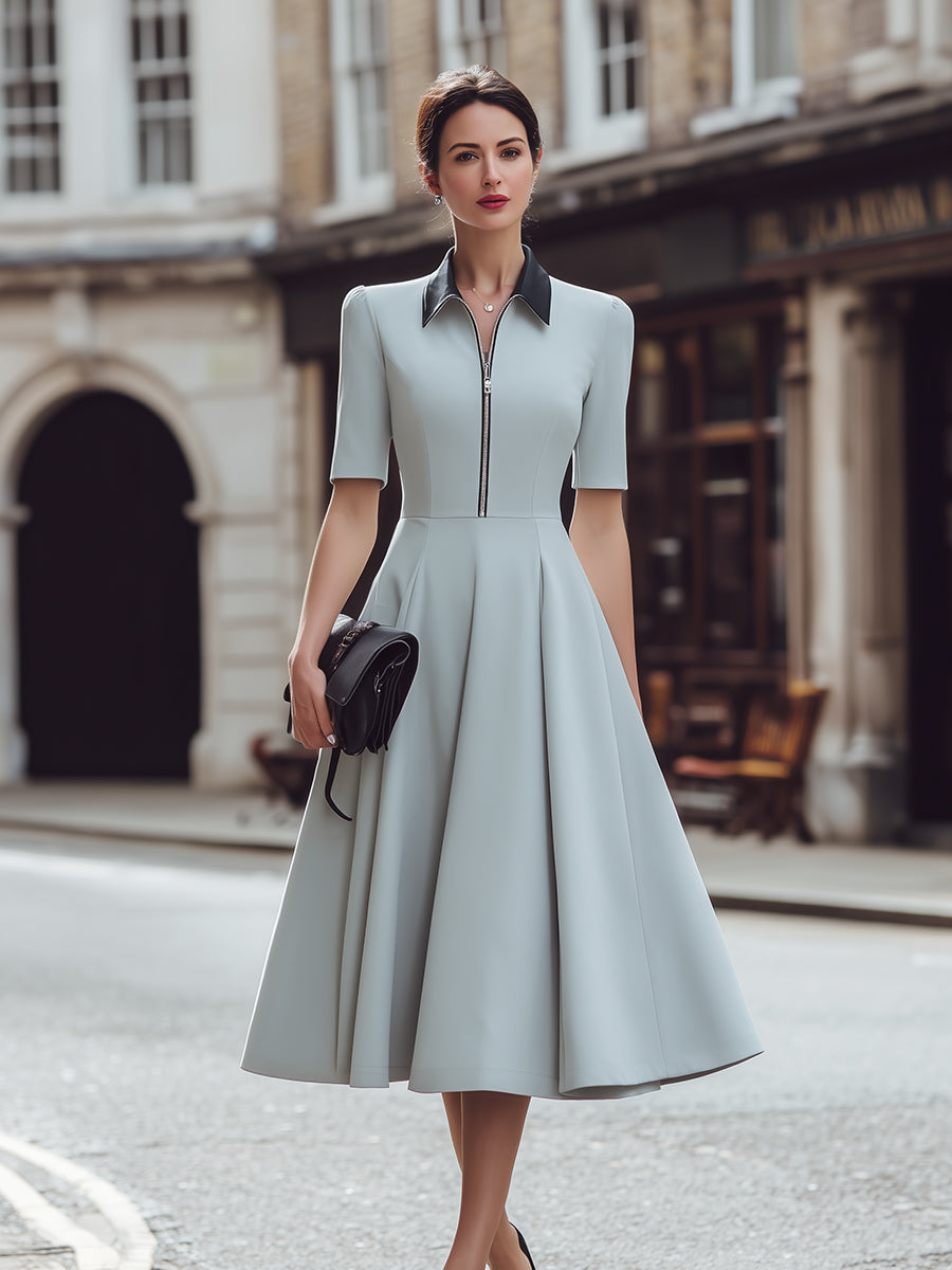 Zip Front Collared A-Line Midi Dress