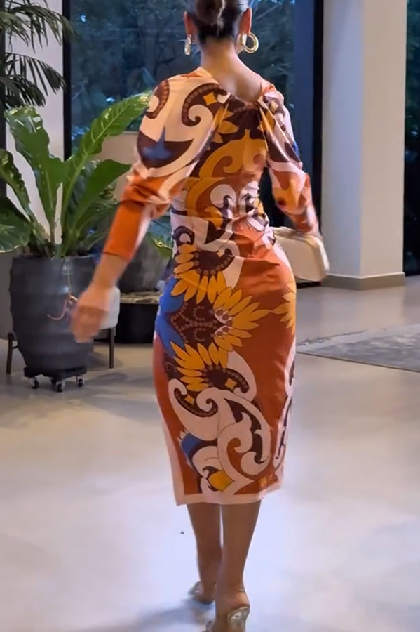Bahamas Unique Print Dolman Long Sleeve Ruched Slit Midi Dress
