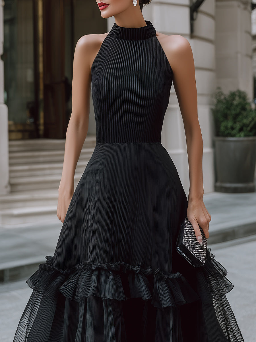 Alter Neck Pleated Midi Dress With Tiered Ruffle Hem