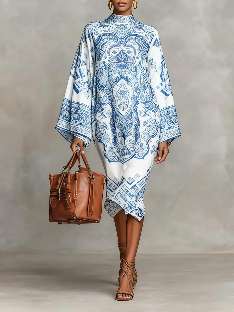 Daily Pink Paisley Mock Neck Long Sleeve Boho Midi Dresses