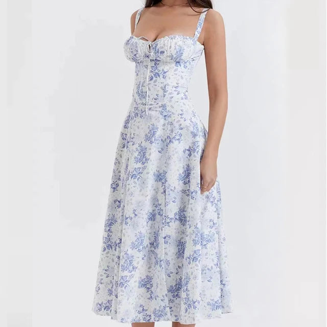 Aurora Floral Corset Midi Dress | Sweetheart Neckline. Slit Skirt. Spaghetti Straps