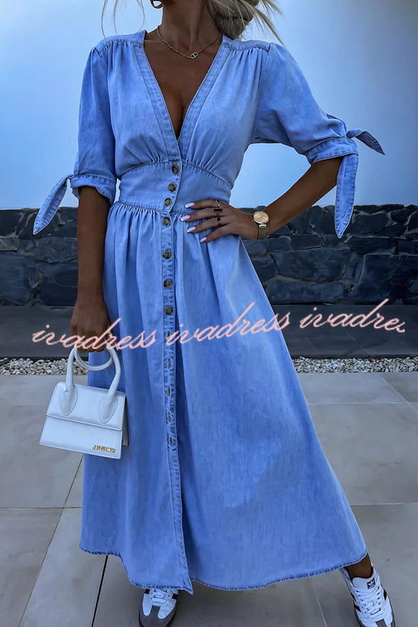 In A Fun Way Denim Puff Tie-up Sleeve Button Midi Dress