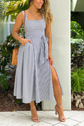 BLACK STRIPED MIDI DRESS WITH POCKETS