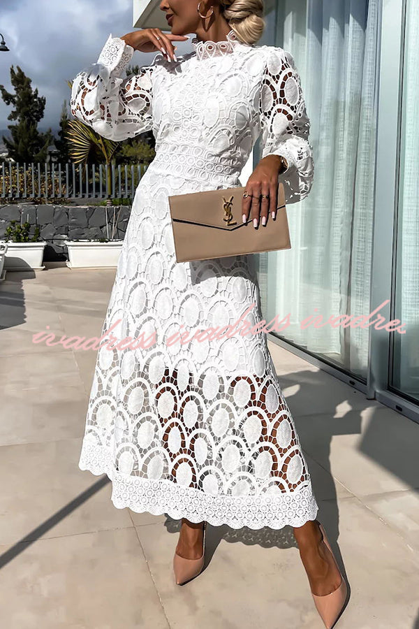 Romantic. Sensual and Elegant Crochet Lace Lantern Sleeve Party Midi Dress