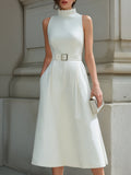 Ivory Pleated High-Neck Sleeveless Midi Dress With Belt