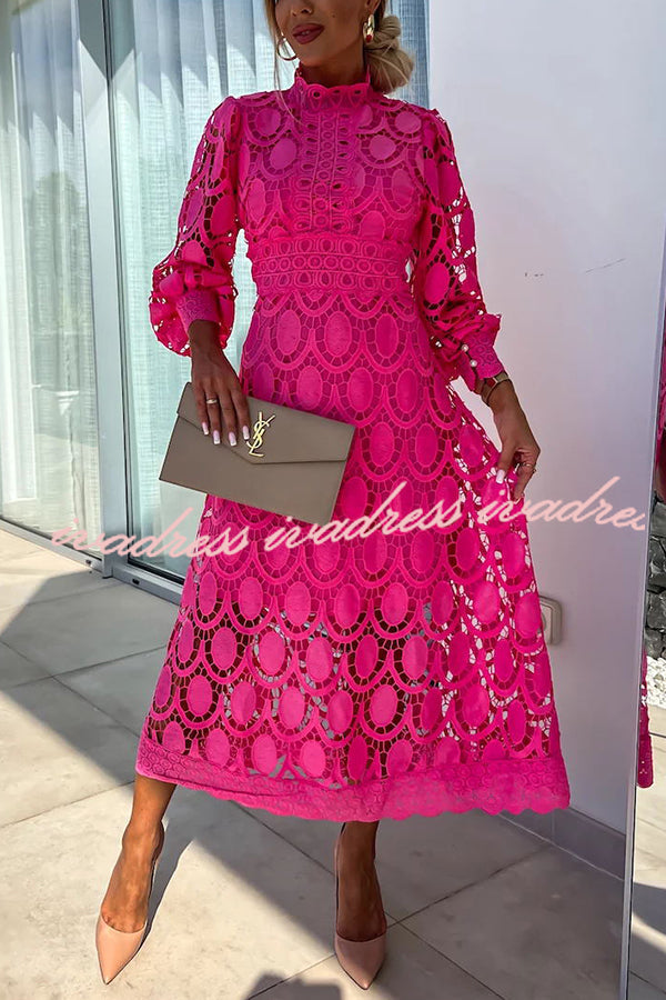 Romantic. Sensual and Elegant Crochet Lace Lantern Sleeve Party Midi Dress