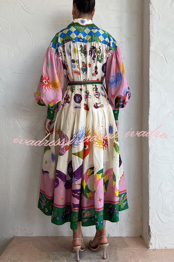 Effortless and Playful Print Balloon Sleeve Shirt Midi Dress