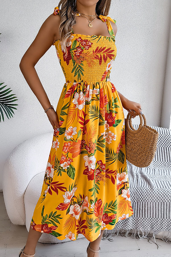 Plant Print Suspenders Pleated Holiday Beach Midi Dress
