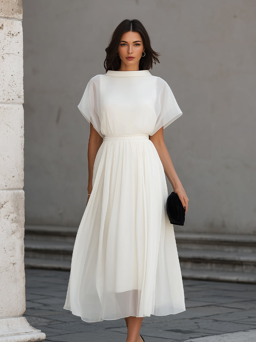 High Neck Sheer Sleeve Pleated Midi Dress