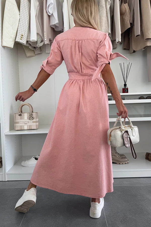 Solid Color V-neck Button-down Denim Midi Dress