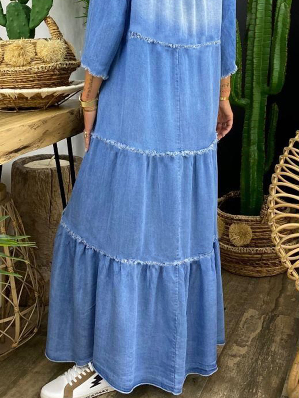 Casual Denim Washed Raw Trim V Neck Midi Dress