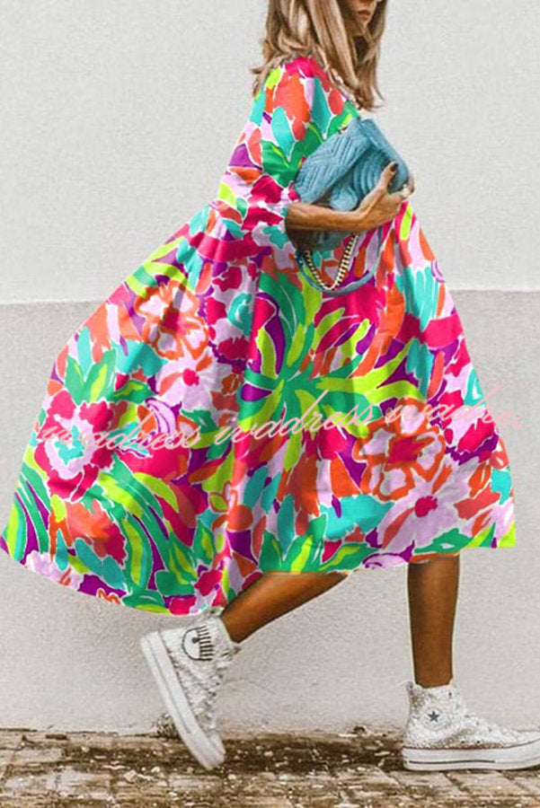 Vintage Floral Print High Low Hem A-Line Midi Dress