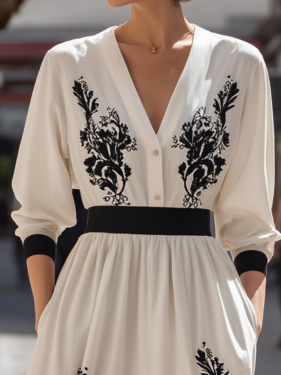 Embroidered Waist-Defined Midi Dress