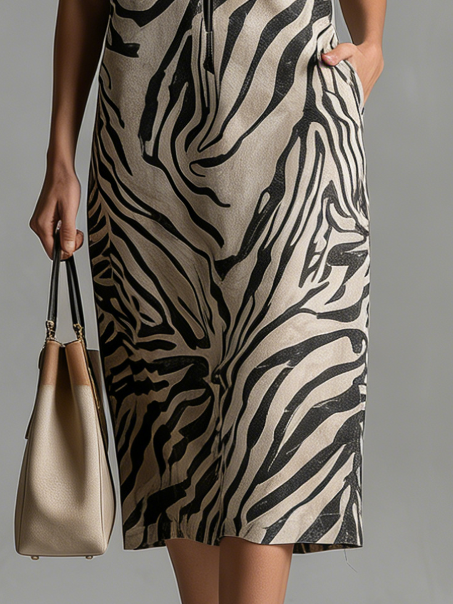 Stylish Retro-style Lapel Zipper Sleeveless Zebra Print Midi Dress