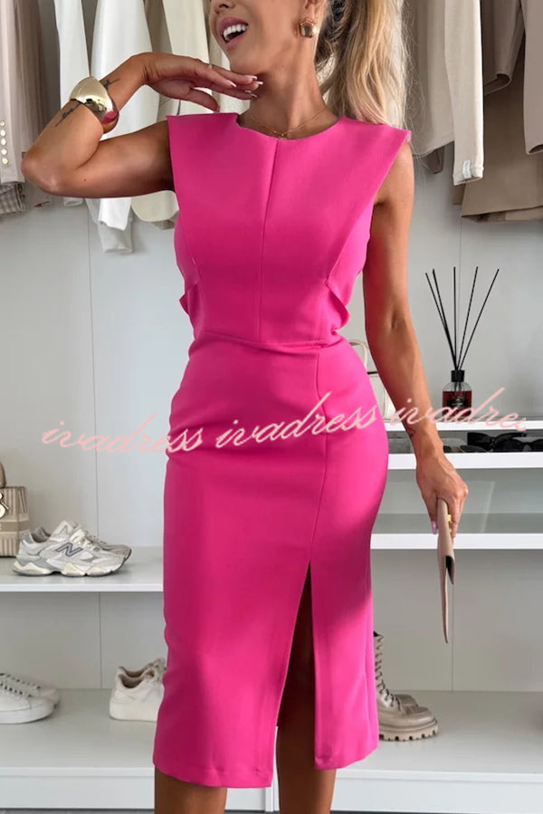 Charming Lady Solid Color Round Neck Sleeveless Waisted Slit Stretch Midi Dress