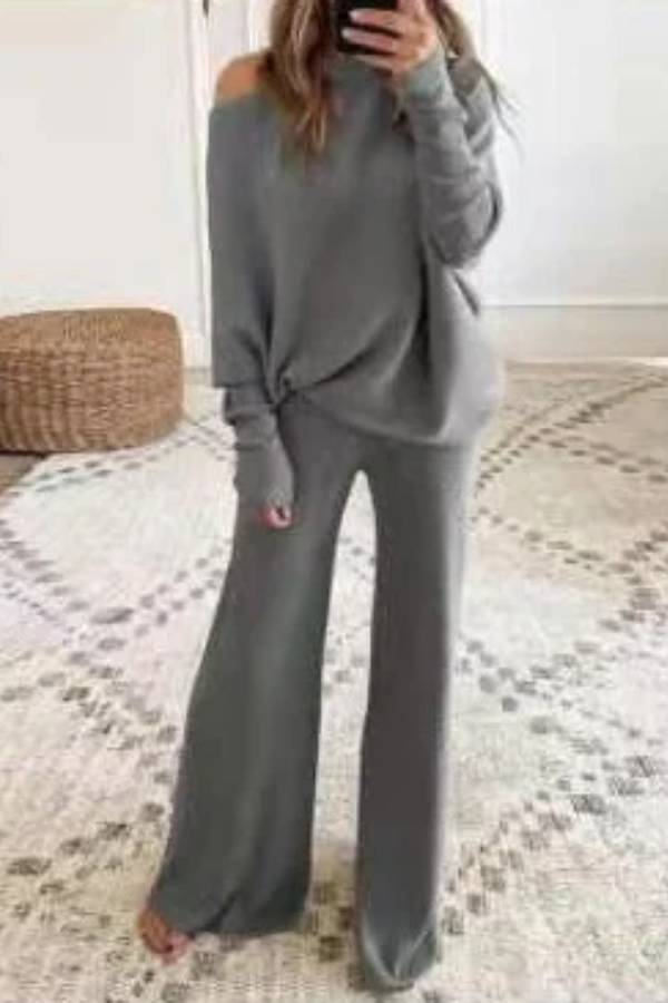 Casual Solid Color One-Shoulder Ladies Knit Set