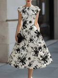 Floral Ink Print Cap Sleeve Midi Dress