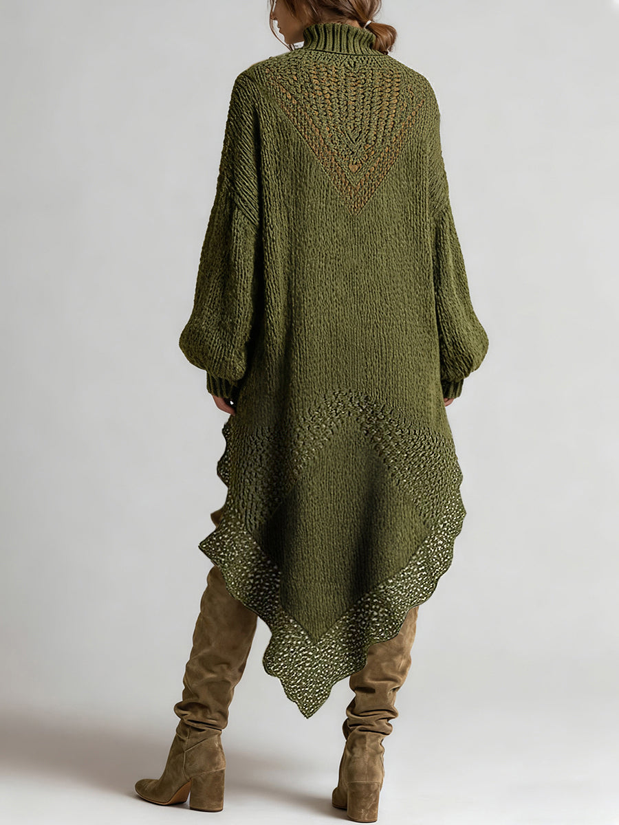 sheenchic Daily Army Green High Collar Lantern Sleeve Long Sleeve Asymmetric Hem Boho Strappy Crochet Midi Dresses