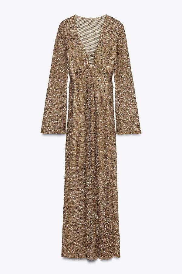 Fashion Sequined Hollow V-neck Long-sleeved Holiday Midi Dress