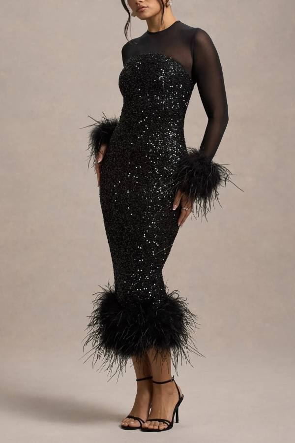 Glamor and Drama Mesh Sequin Patchwork Feather Trim Stretch Midi Dress