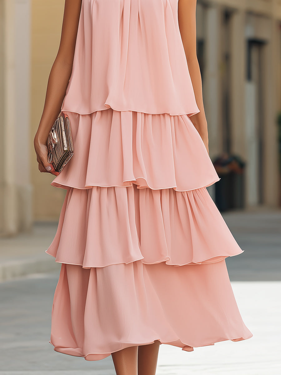 Sleeveless Tiered Ruffle High-Neck Midi Dress
