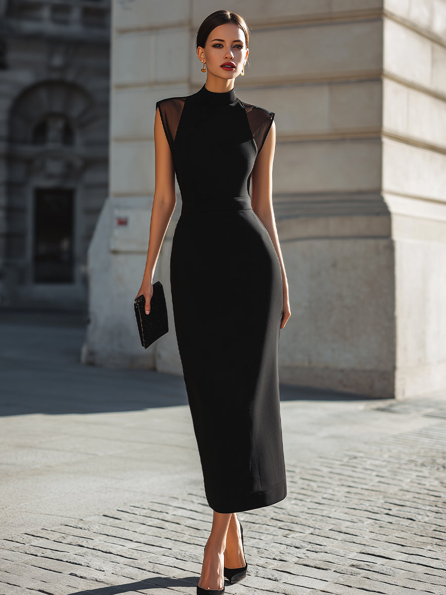 Structured High-Neck Midi Dress With Sheer Shoulder Panels