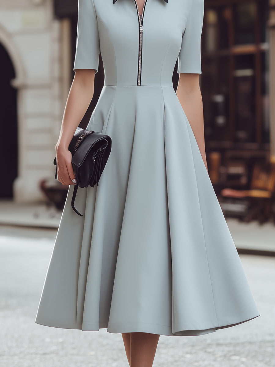 Zip Front Collared A-Line Midi Dress