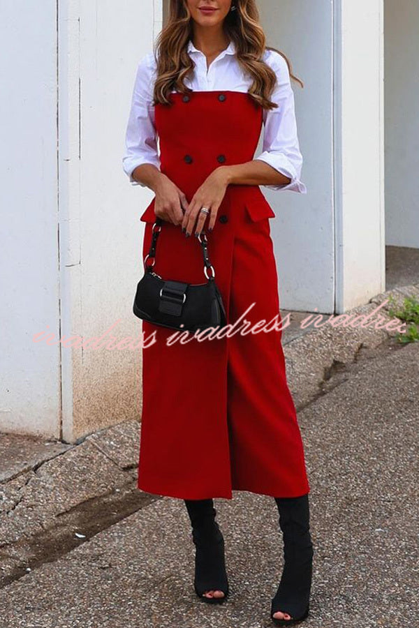 Admire Solid Color Pocket Button Back Zip Off Shoulder Midi Dress