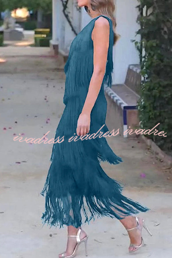 Stylish Fringed One Shoulder Asymmetric Midi Dress