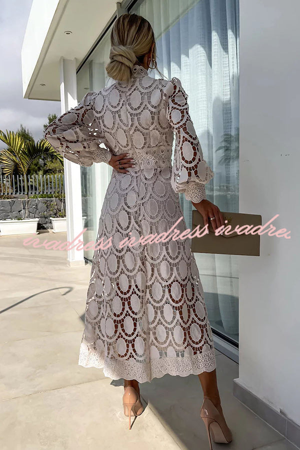 Romantic. Sensual and Elegant Crochet Lace Lantern Sleeve Party Midi Dress