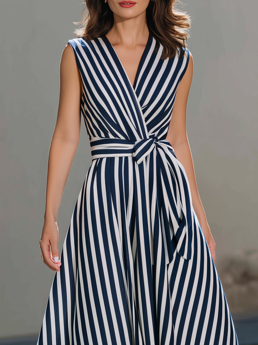 Sleeveless Wrap-Style Midi Dress With Vertical Stripe Pattern