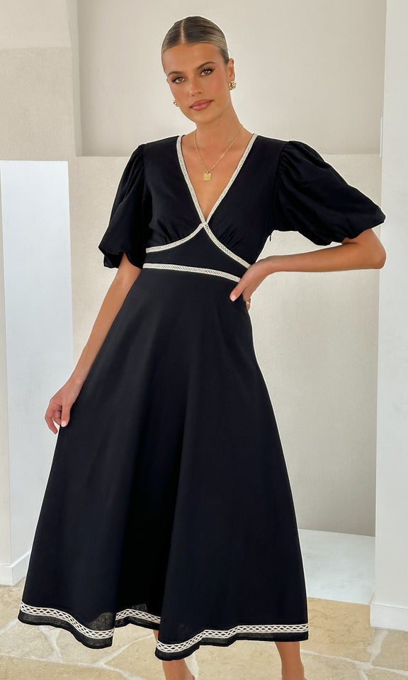 V Neck Puff Sleeve Midi Dress