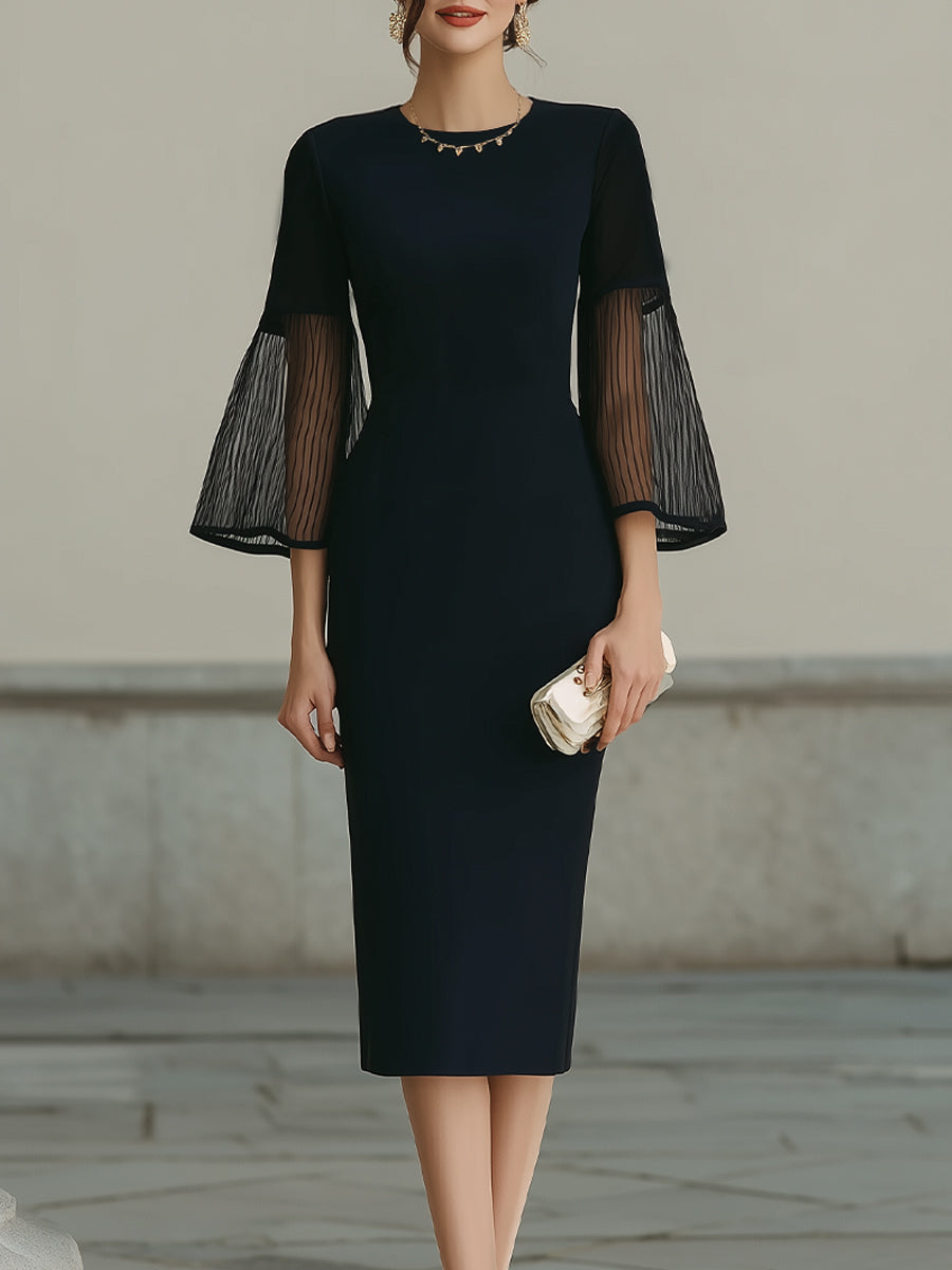 Midi Dress With Sheer Pleated Bell Sleeves