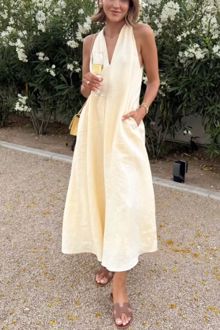 Old Money Style Linen Blend Back Twisted Pocket A-line Midi Dress
