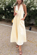 Old Money Style Linen Blend Back Twisted Pocket A-line Midi Dress