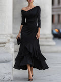 One-Shoulder Ruched Asymmetric Ruffle Hem Midi Dress