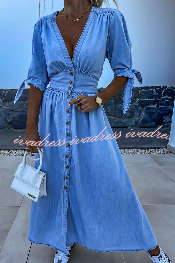 In A Fun Way Denim Puff Tie-up Sleeve Button Midi Dress