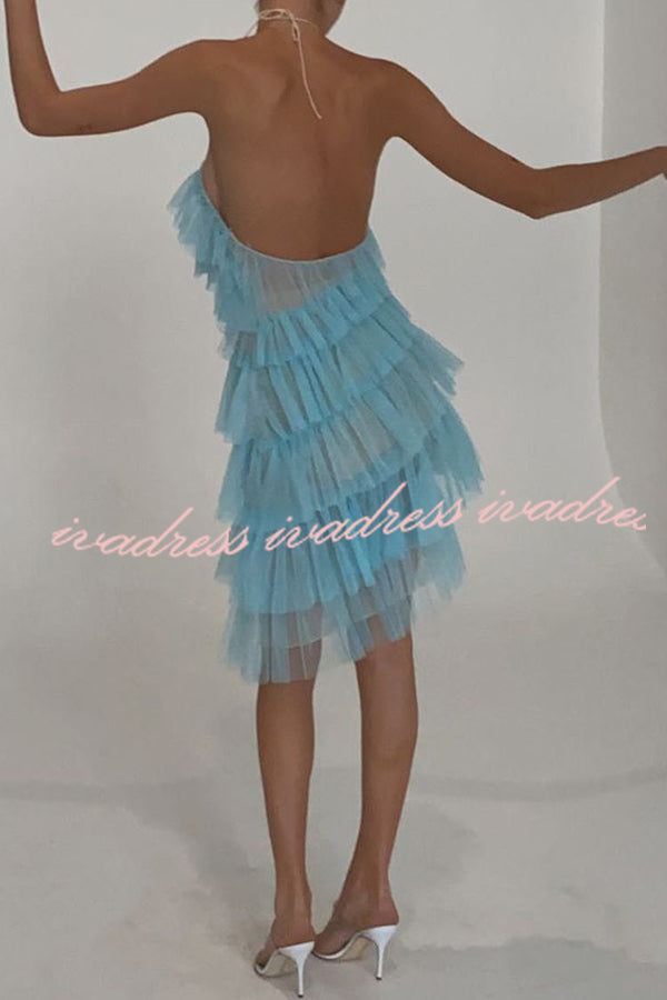 Best Days Patchwork Tulle Sheer Halterneck Pleated Midi Dress