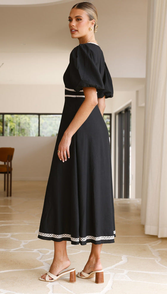 V Neck Puff Sleeve Midi Dress