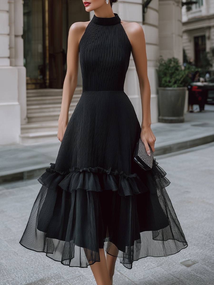 Alter Neck Pleated Midi Dress With Tiered Ruffle Hem