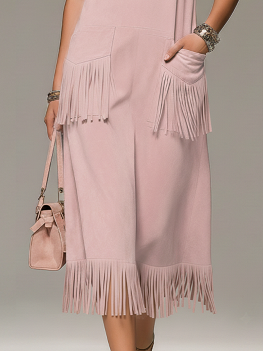 Elegant And Comfortable Square-neck Sleeveless Fringed Faux Suede Midi Dress
